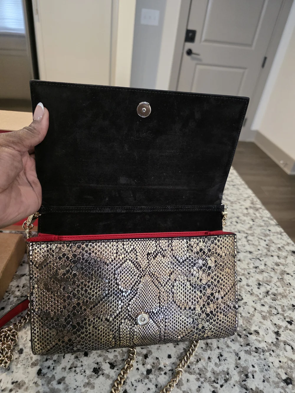 Gold Studded Snake-Texture Clutch with Pink Shoulder Pad
